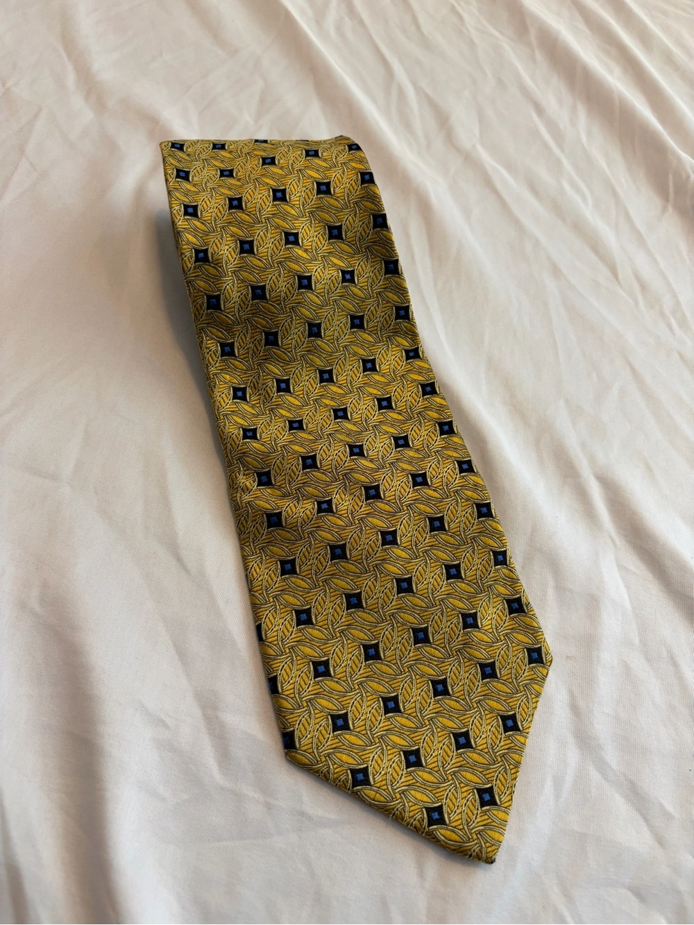 Louis Feraud Yellow Geometric Silk Tie with Navy Accents  100% SIlk